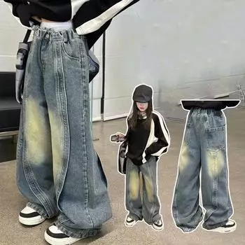 Брюки для девочек, модные джинсы в пол с плетеным дизайном, детские широкие джинсовые брюки, детские штаны 150cm синий