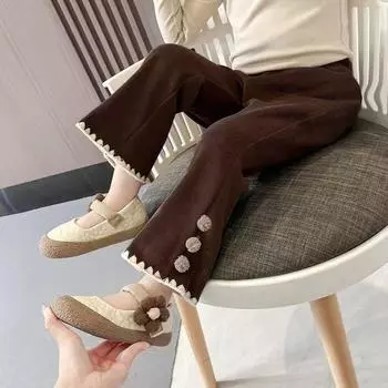 Брюки для девочек осень-зима новые модные элегантные однотонные повседневные толстые теплые брюки с высокой талией универсальные живые милые детские брюки для детской одежды 90 коричневый