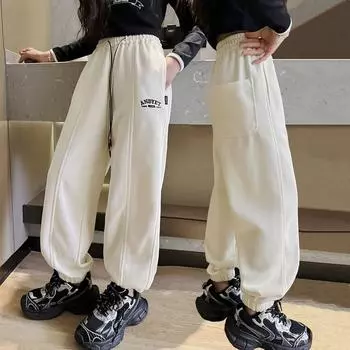Брюки для девочек Весна и осень Корейский стиль Детская мода Спортивные брюки Большие детские студенческие повседневные брюки Серые спортивные брюки 170 чёрный