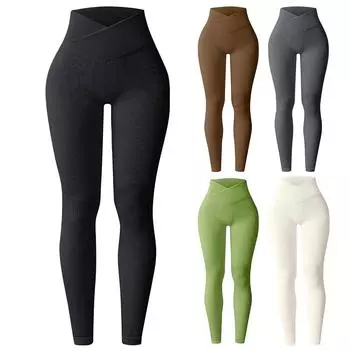 Брюки для йоги, европейские и американские сексуальные узкие перекрестные спортивные упражнения с резьбой, узкие брюки с высокой талией, длинные брюки в рубчик для женщин S бежевый