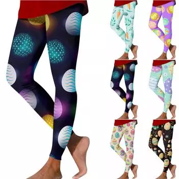 Брюки для йоги с высокой талией для женщин и девочек, красочные забавные эластичные леггинсы с принтом Пасхи для тренировок, колготки L чёрный