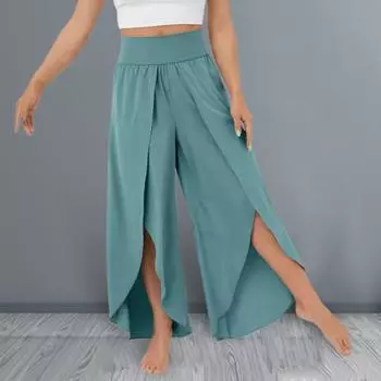 Брюки для йоги с высокой талией и широким эластичным поясом, однотонные тонкие женские брюки девятой длины с струящимся разрезом и широкими штанинами S зелёный