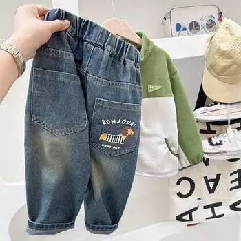 Брюки для мальчиков, джинсы свободного покроя для больших детей на весну и осень, джинсы с рисунком для маленьких мальчиков 140 синий