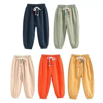 Брюки для мальчиков и девочек от 2 до 7 лет, однотонные свободные эластичные брюки с поясом на шнурке, шаровары 130