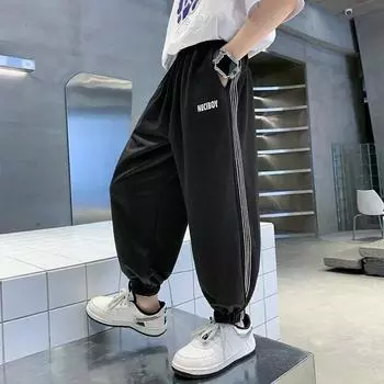 Брюки для мальчиков летние тонкие срезы среднего и большого размера, детские спортивные брюки, детские повседневные противомоскитные брюки, свободный прилив с начесом 120 чёрный