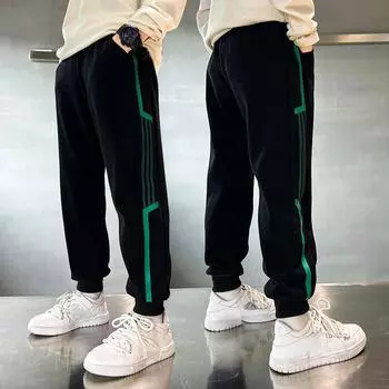 Брюки для мальчиков, новые спортивные спортивные штаны, детская одежда среднего и большого размера, повседневные брюки в полоску 120 чёрный