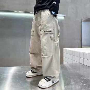 Брюки для мальчиков, повседневные рабочие брюки, весенне-осенняя детская мода для больших мальчиков, свободные брюки, модные брюки до щиколотки 120 чёрный