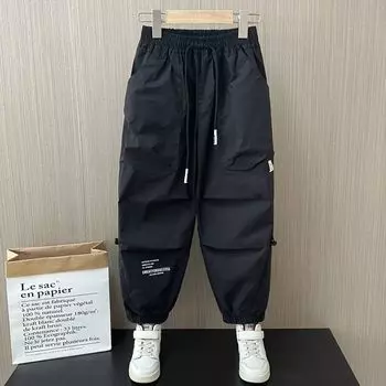 Брюки для мальчиков, повседневные рабочие брюки, весенне-осенняя детская мода для больших мальчиков, свободные брюки, модные брюки до щиколотки 120 чёрный