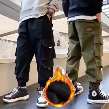 Брюки для мальчиков с флисовой подкладкой, повседневные, свободного кроя, зимние, теплые, брюки-карго, интегрированный бархат для детей 170 чёрный