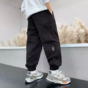 Брюки для мальчиков Весенне-осенняя одежда Детские комбинезоны Повседневные брюки для мальчиков Весенние брюки для больших детей 170 чёрный