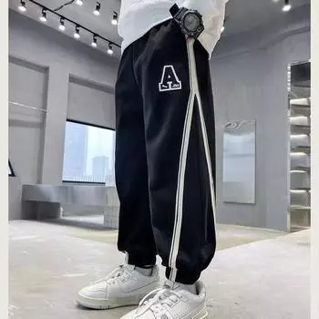 Брюки для мальчиков весна-лето-осень Брюки для детей и подростков Тонкие детские спортивные прямые брюки Модные брюки с тремя полосками Модные 110 чёрный