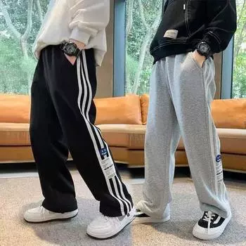 Брюки для мальчиков весна-лето-осень Брюки для детей и подростков Тонкие детские спортивные прямые брюки Модные брюки с тремя полосками Модные 110 чёрный