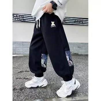 Брюки для мальчиков весна-лето-осень Брюки для детей и подростков Тонкие детские спортивные прямые брюки Модные брюки с тремя полосками Модные 110 чёрный