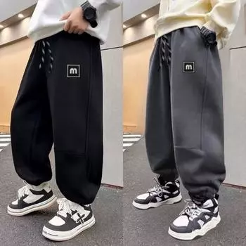 Брюки для мальчиков весна-лето-осень Брюки для детей и подростков Тонкие детские спортивные прямые брюки Модные брюки с тремя полосками Модные 120 чёрный