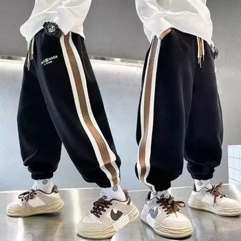 Брюки для мальчиков весна-лето-осень Брюки для детей и подростков Тонкие детские спортивные прямые брюки Модные брюки с тремя полосками Модные 120 чёрный