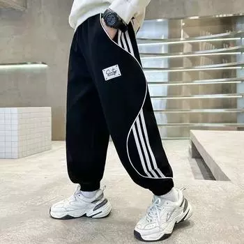 Брюки для мальчиков весна-лето-осень Брюки для детей и подростков Тонкие детские спортивные прямые брюки Модные брюки с тремя полосками Модные 110 чёрный