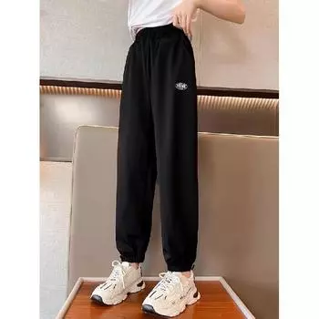 Брюки для мальчиков весна-лето-осень Брюки для детей и подростков Тонкие детские спортивные прямые брюки Модные брюки с тремя полосками Модные 120 чёрный