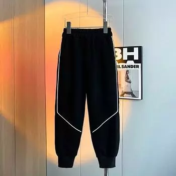 Брюки для мальчиков весна-лето-осень Брюки для детей и подростков Тонкие детские спортивные прямые брюки Модные брюки с тремя полосками Модные 110 чёрный