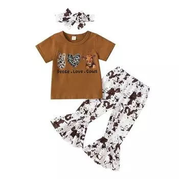 Брюки для маленьких девочек, комплект из 3 предметов, летняя одежда, расклешенные брюки с цветочным принтом, повязка на голову 100