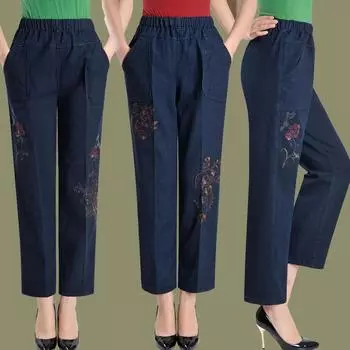 Брюки для мам среднего и пожилого возраста, свободные прямые брюки с эластичной резинкой на талии, женские брюки с вышивкой XL