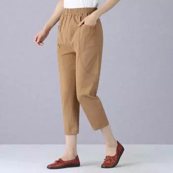 Брюки для мам среднего и пожилого возраста, прямые однотонные брюки из хлопка и льна с высокой талией, повседневные женские брюки с восемью точками XXL света кофе