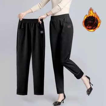 Брюки для мам среднего возраста на осень и зиму, а также утолщенные бархатные брюки-харланы для женщин прямого покроя XXXL чёрный