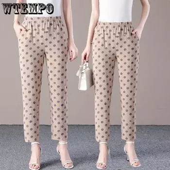 Брюки для мам Укороченные летние брюки Прямые брюки с высокой талией Брюки для женщин среднего и пожилого возраста Свободные брюки в горошек XL хаки