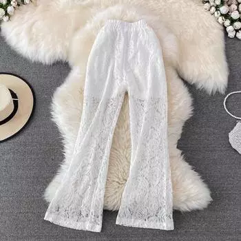 Брюки для отдыха с кружевом и рогами, женские весенние новые тонкие брюки с высокой талией, слегка расширенные длинные брюки S белый