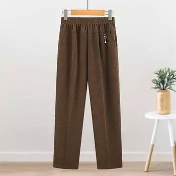 брюки для пожилых женщин весна-осень новые хлопковые брюки с высокой талией эластичные повседневные брюки прямого кроя полосатые бархатные брюки для мам для пожилых женщин XL хаки