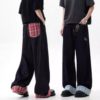 Брюки для веселой доски, свободные повседневные джинсы в клетку с карманами, брюки для пар L синий