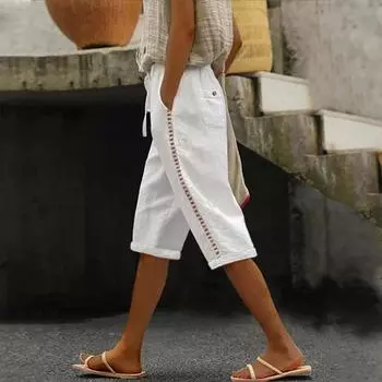 Брюки для женщин, эластичные брюки с высокой талией, брюки 3/4, легкие летние шорты с карманами L бежевый
