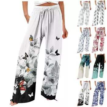 Брюки для женщин. Летние струящиеся брюки с высокой талией и широкими штанинами с принтом. Повседневные брюки. XXL синий