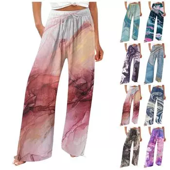 Брюки для женщин. Летние струящиеся брюки с высокой талией и широкими штанинами с принтом. Повседневные брюки. L