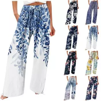 Брюки для женщин. Летние струящиеся брюки с высокой талией и широкими штанинами с принтом. Повседневные брюки. S
