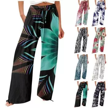 Брюки для женщин. Летние струящиеся брюки с высокой талией и широкими штанинами с принтом. Повседневные брюки. XXXL чёрный