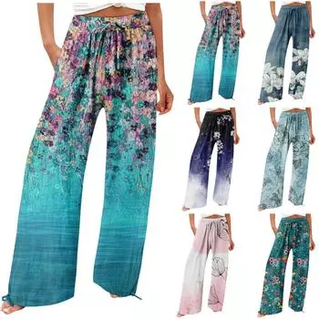 Брюки для женщин. Летние струящиеся брюки с высокой талией и широкими штанинами с принтом. Повседневные брюки. XL