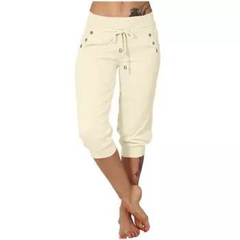 Брюки для женщин, повседневные летние брюки с эластичной резинкой на талии и карманами L бежевый