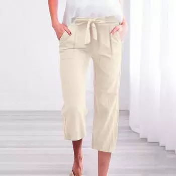 Брюки для женщин, повседневные летние однотонные эластичные брюки с высокой талией из хлопка и льна, свободные брюки с карманами и завязками до середины штанин XXL бежевый