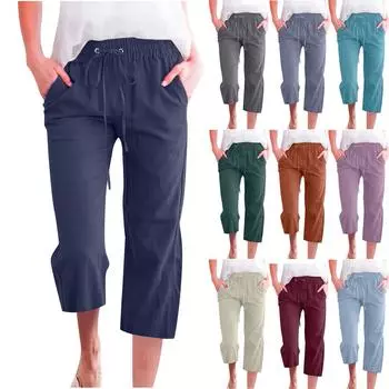 Брюки для женщин, повседневные летние однотонные эластичные брюки с высокой талией из хлопка и льна, свободные брюки с карманами и завязками до середины штанин XXL винный
