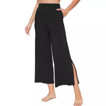 Брюки для женщин, повседневные летние однотонные эластичные свободные брюки с высокой талией и карманами на шнурке, брюки средней длины L чёрный
