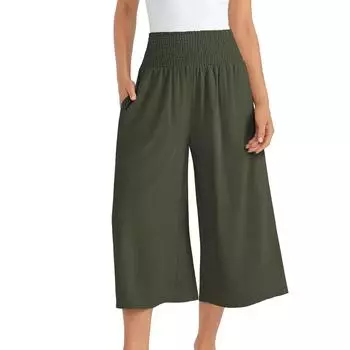 Брюки для женщин, повседневные летние однотонные эластичные брюки с высокой талией из хлопка и льна, свободные брюки с карманами и завязками до середины штанин L армия зеленый