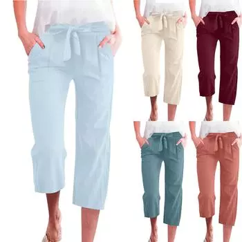 Брюки для женщин, повседневные летние однотонные эластичные брюки с высокой талией из хлопка и льна, свободные брюки с карманами и завязками до середины штанин XXXXL киноварь