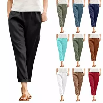 Брюки для женщин, повседневные летние однотонные свободные брюки из хлопка и льна с карманами и брюками средней длины L чёрный
