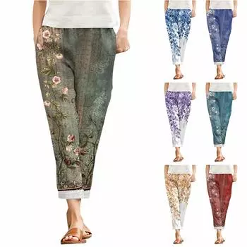 Брюки для женщин, повседневные летние свободные брюки из хлопка и льна с принтом, брюки до середины штанин с карманами L синий