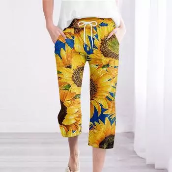 Брюки для женщин, повседневные летние свободные брюки из хлопка и льна с принтом, брюки до середины штанин с карманами M оранжевый