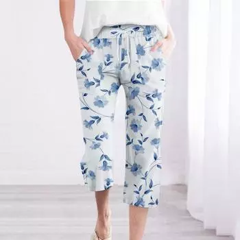 Брюки для женщин, повседневные летние свободные брюки из хлопка и льна с принтом, брюки до середины штанин с карманами M белый