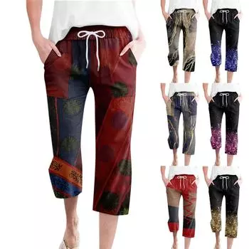 Брюки для женщин, повседневные летние свободные брюки из хлопка и льна с принтом, брюки до середины штанин с карманами XL киноварь