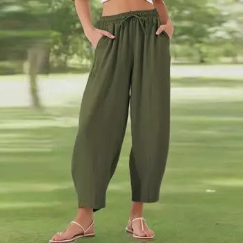 Брюки для женщин, повседневные, однотонные, летние, с эластичной талией, свободные, легкие, с завязками на шнурке, с карманами L армия зеленый