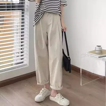 Брюки для женщин с фигурой «груша», утягивающие широкие рабочие брюки больших размеров, повседневные свободные брюки-морковки из хлопка и льна S слоновая кость