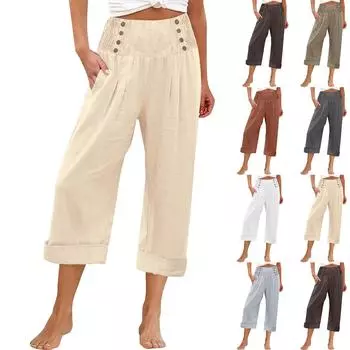 Брюки для женщин, широкие брюки для йоги с карманами и пуговицами, повседневные укороченные брюки с высокой талией, свободные мягкие пижамные спортивные штаны L